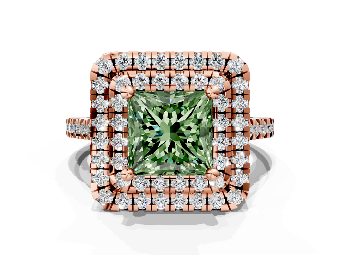 Rose gold Double Halo Fancy Green Princess  Diamond Pave Band with Four-Prong Setting_18