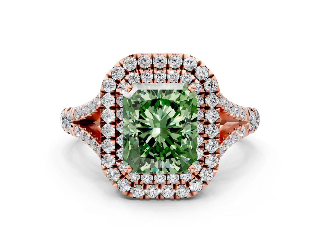 Rose gold Double Halo Fancy Green Radiant -Shaped Split Shank Diamond Ring with Prong Setting_15
