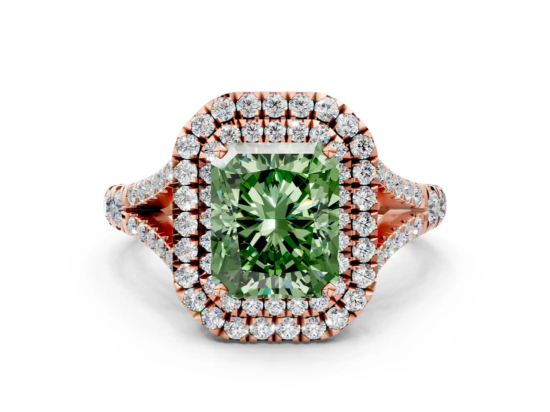 Rose gold Double Halo Fancy Green Radiant Cut Diamond Split Shank Engagement Ring with Four-Prong Setting_3