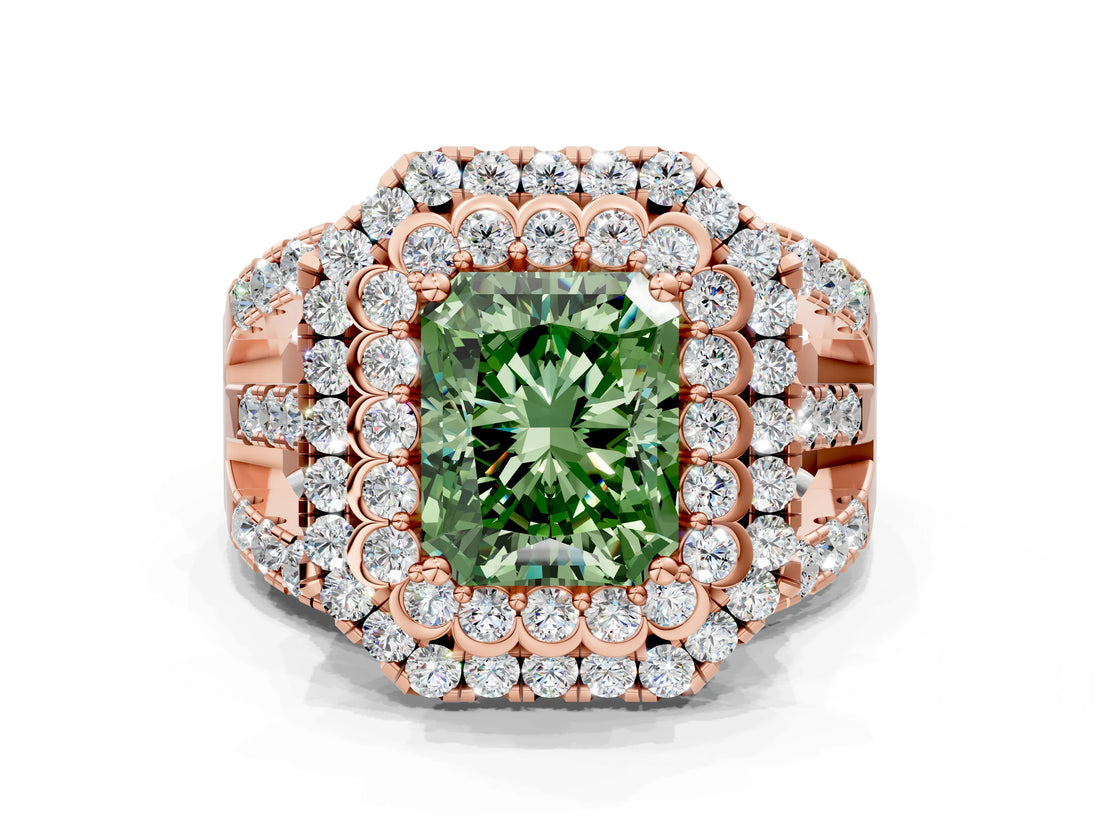 Rose gold Double Halo Fancy Green Radiant Cut Diamond Split Shank Pave Set Ring_3