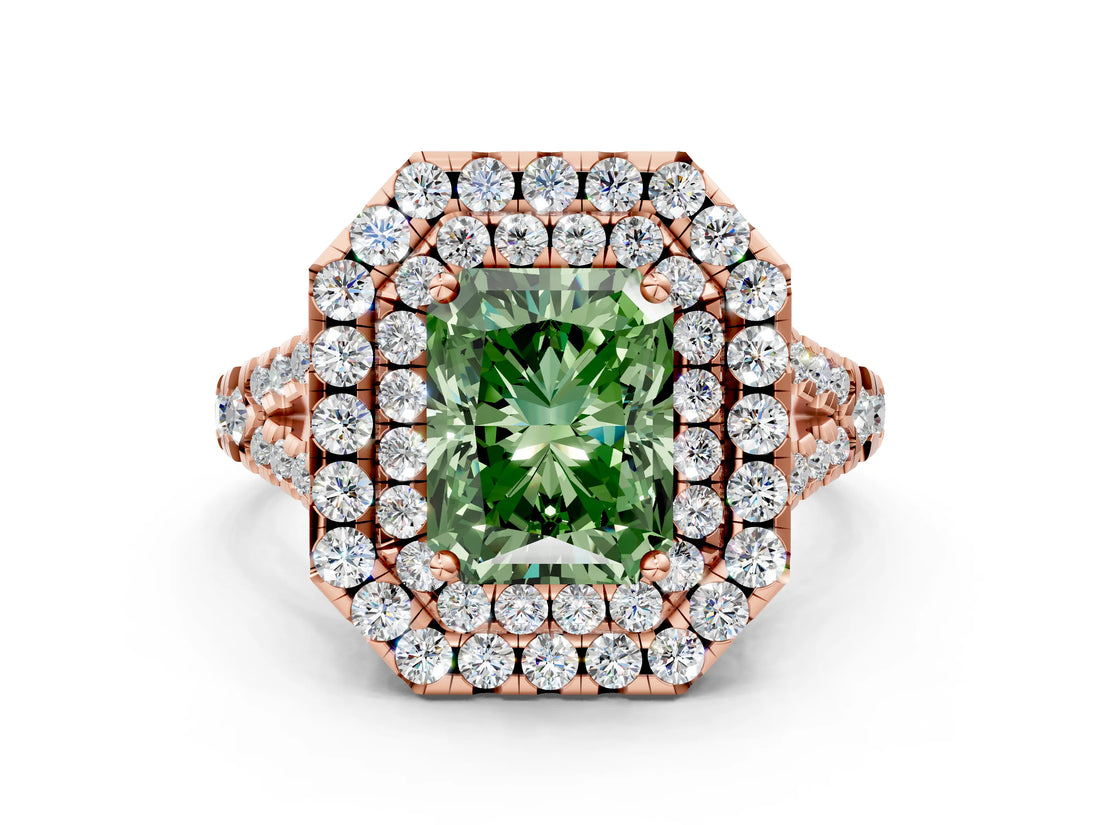 Rose gold Double Halo Fancy Green Radiant  Cut Pave Split Shank Prong Set Ring_15