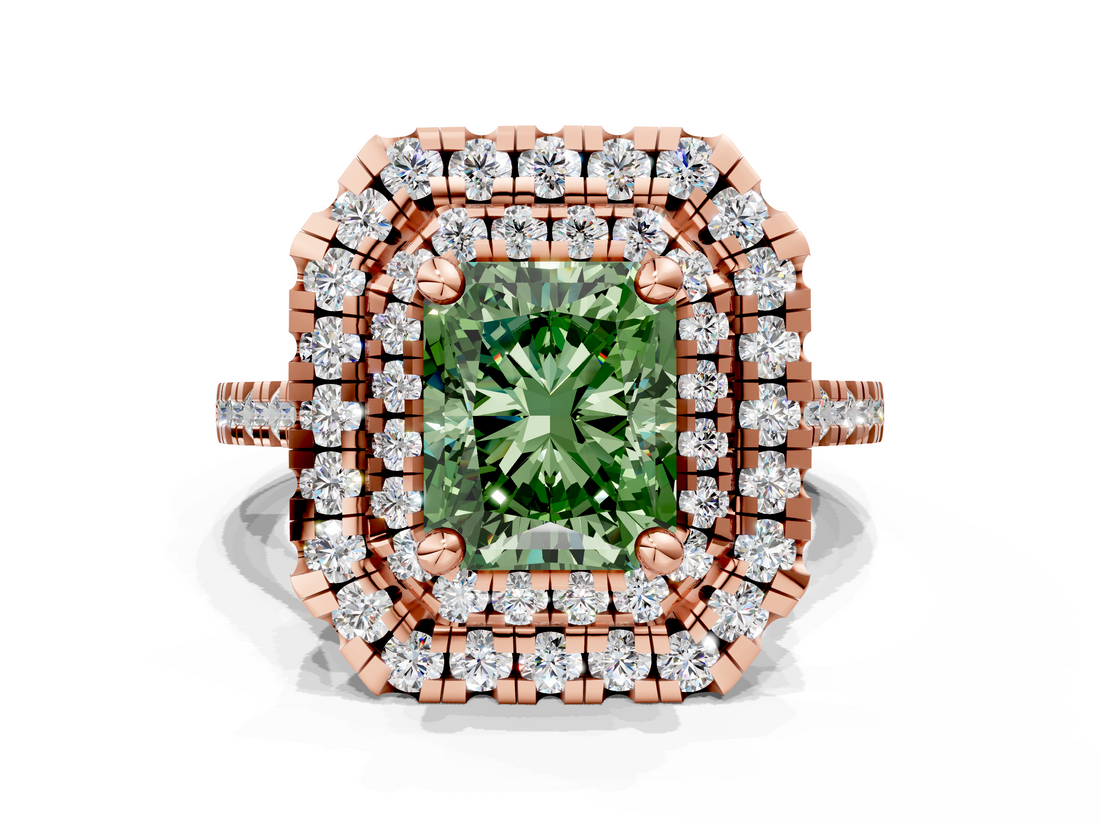 Rose gold Double Halo Fancy Green Radiant  Diamond Pave Band with Four-Prong Setting_44