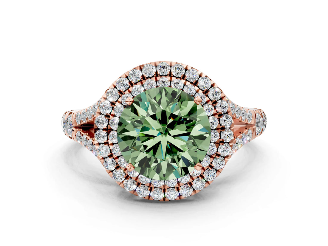 Rose gold Double Halo Fancy Green Round -Shaped Split Shank Diamond Ring with Prong Setting_15