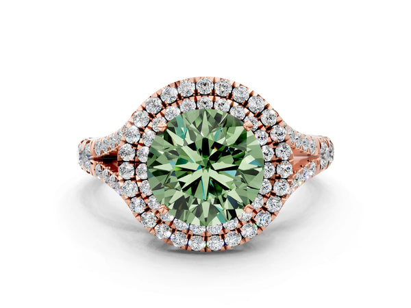 Rose gold Fancy Green Round Cut Diamond Double Halo Ring with Split Shank and Prong Setting