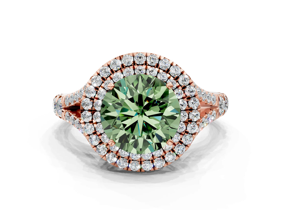 Rose gold Double Halo Fancy Green Round Cut Diamond Split Shank Engagement Ring with Four-Prong Setting_3