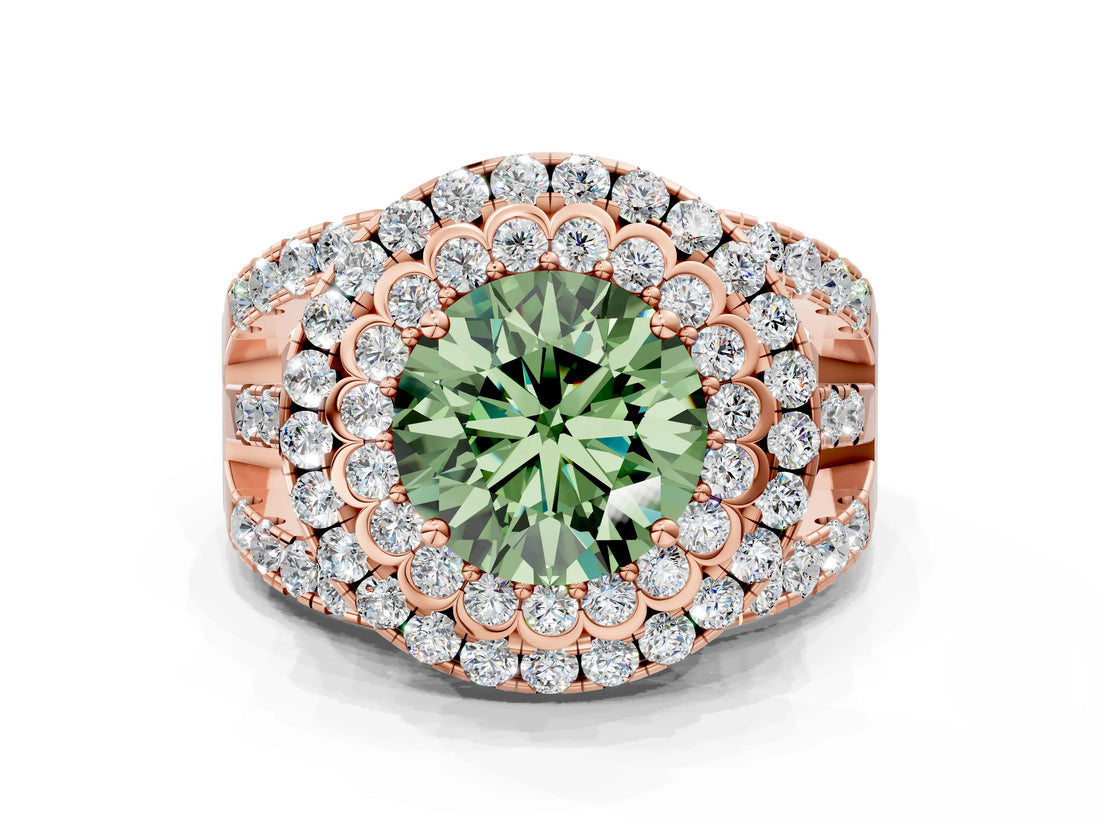 Rose gold Double Halo Fancy Green Round Cut Diamond Split Shank Pave Set Ring_3