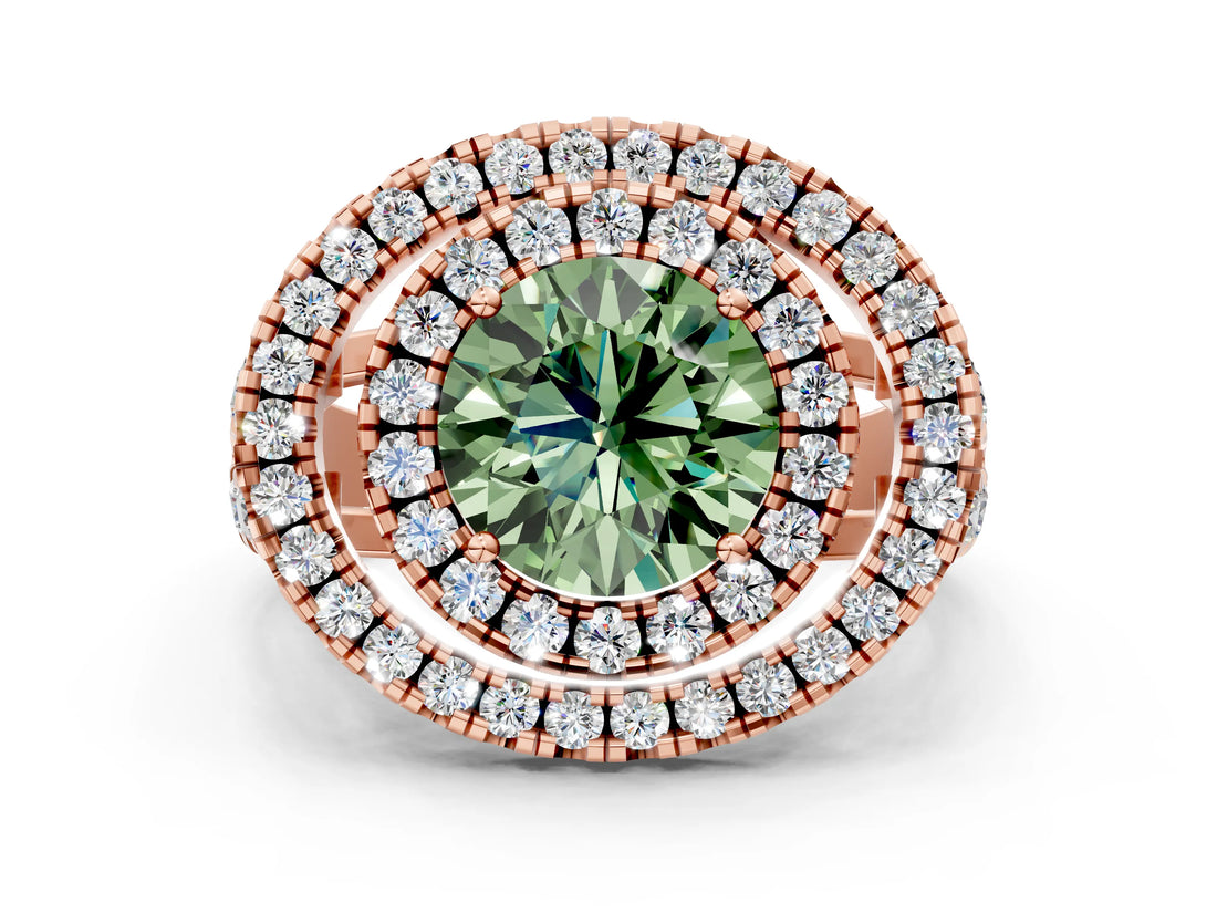 Rose gold Double Halo Fancy Green Round Cut Diamond Split Shank Prong Setting Ring