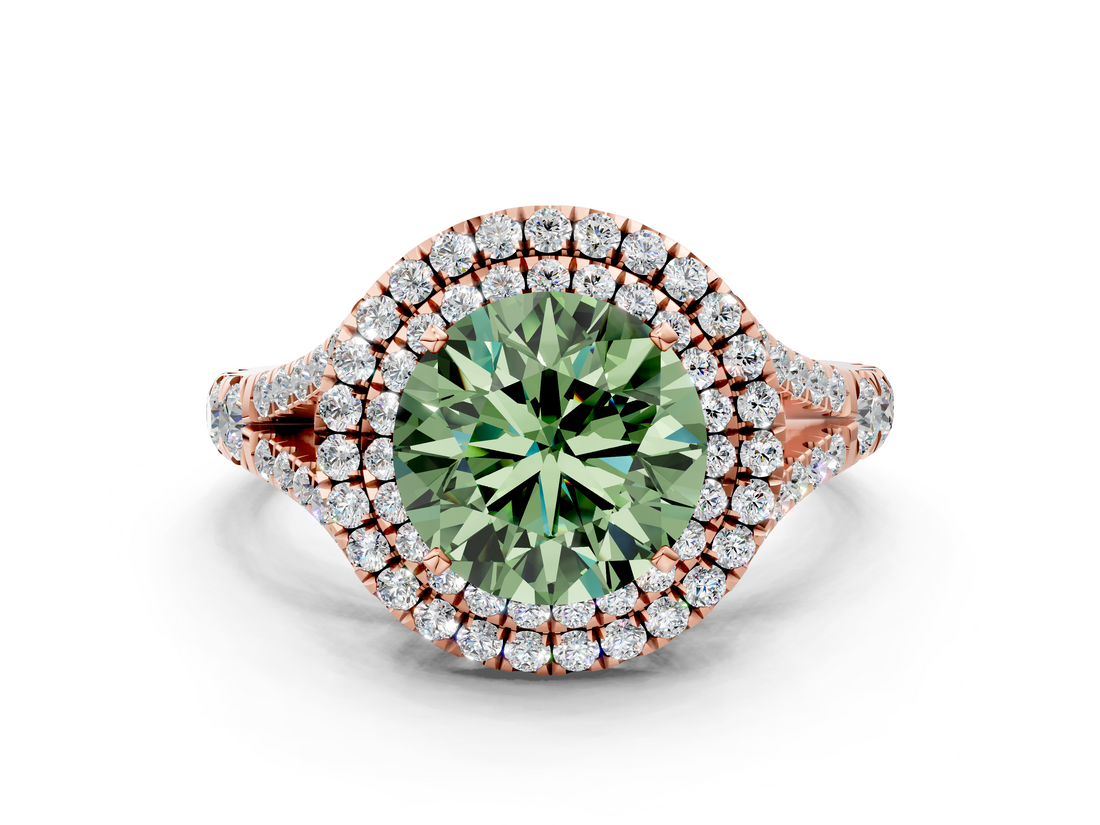 Rose gold Double Halo Fancy Green Round  Cut Diamond Split Shank Ring with Four Prong Setting_20