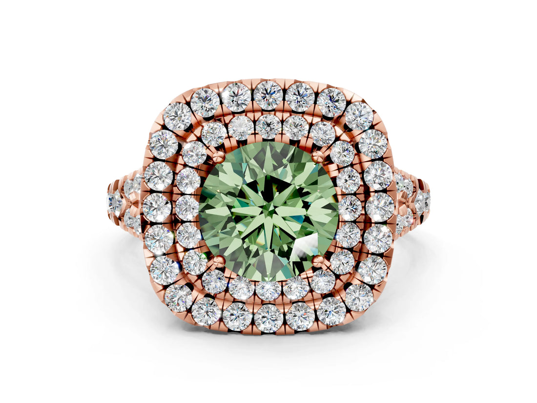Rose gold Double Halo Fancy Green Round  Cut Pave Split Shank Prong Set Ring_15