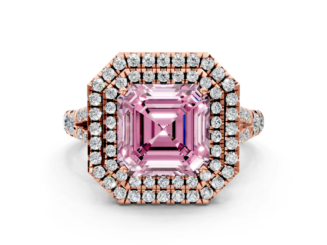 Rose gold Double Halo Fancy Pink Asscher Cut Diamond Split Shank Engagement Ring with Four-Prong Setting_3