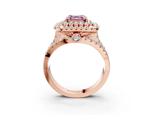 Rose Gold Asscher Cut Scalloped Double Halo Engagement Ring Setting for Fancy Pink Center