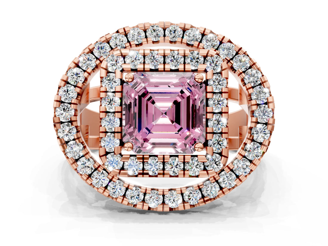 Rose gold Double Halo Fancy Pink Asscher Cut Diamond Split Shank Prong Setting Ring