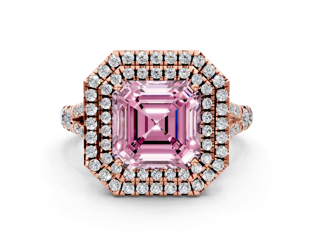 Rose gold Double Halo Fancy Pink Asscher  Cut Diamond Split Shank Ring with Four Prong Setting