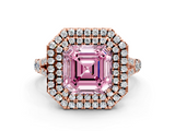 Rose gold Double Halo Fancy Pink Asscher  Cut Diamond Split Shank Ring with Four Prong Setting