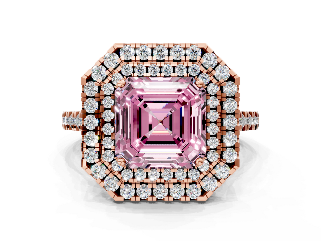 Rose gold Double Halo Fancy Pink Asscher  Diamond Pave Band with Four-Prong Setting