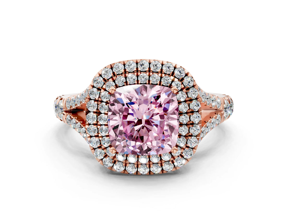 Rose gold Double Halo Fancy Pink Cushion -Shaped Split Shank Diamond Ring with Prong Setting_15