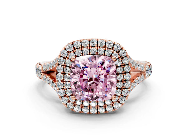 18K Rose Gold 1.08 Carat Pink VVS2 Cushion Diamond Double Halo Ring with Split Shank and Prong Setting