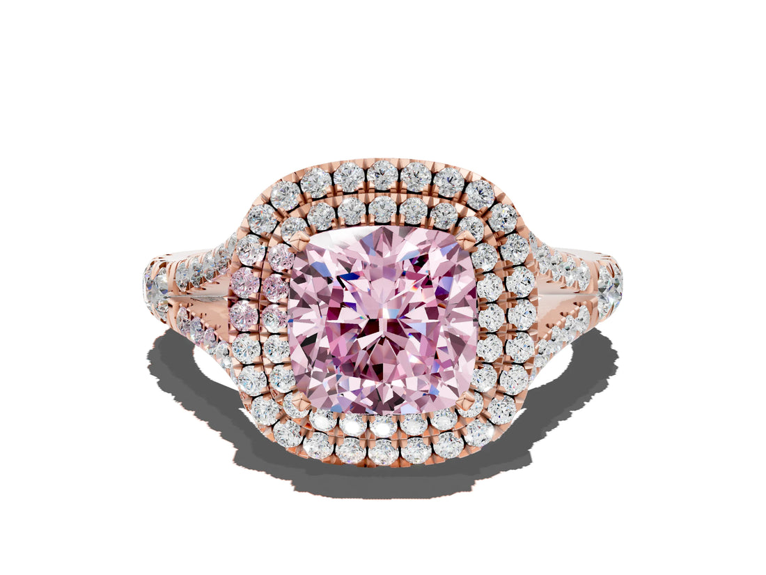Rose gold Double Halo Fancy Pink Cushion Cut Diamond Split Shank Engagement Ring with Four-Prong Setting_3