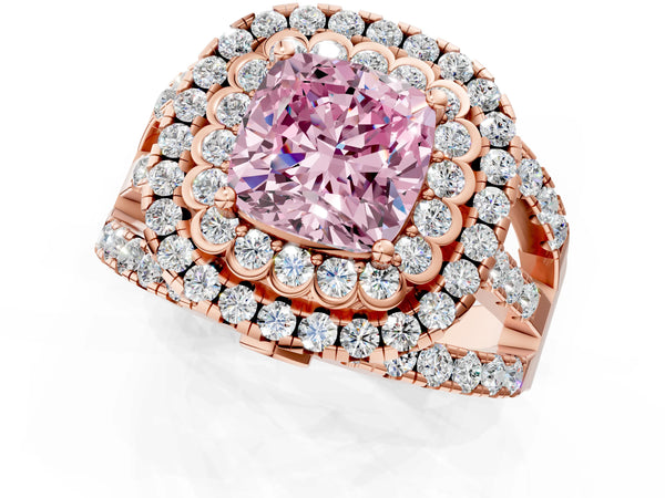 Rose gold Double Halo Fancy Pink Cushion Cut Diamond Split Shank Pave Set Ring