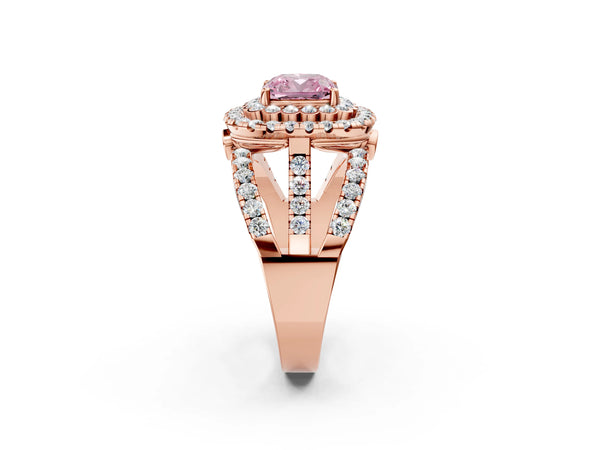 Rose gold Double Halo Fancy Pink Cushion Cut Diamond Split Shank Pave Set Ring