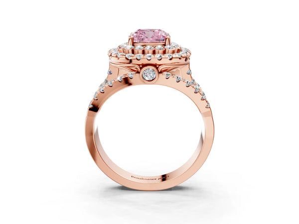 Rose gold Double Halo Fancy Pink Cushion Cut Diamond Split Shank Pave Set Ring