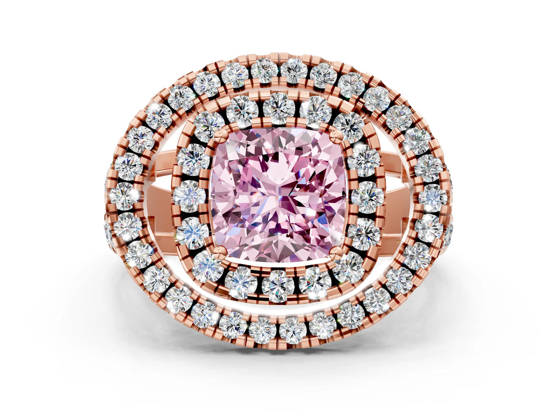 Rose gold Double Halo Fancy Pink Cushion Cut Diamond Split Shank Prong Setting Ring