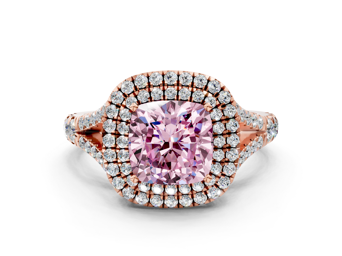 Rose gold Double Halo Fancy Pink Cushion  Cut Diamond Split Shank Ring with Four Prong Setting_20