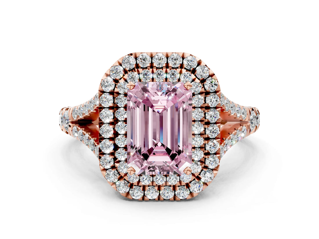 Rose gold Double Halo Fancy Pink Emerald -Shaped Split Shank Diamond Ring with Prong Setting_15