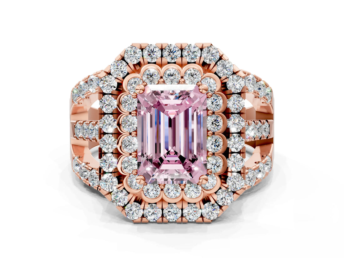 Rose gold Double Halo Fancy Pink Emerald Cut Diamond Split Shank Pave Set Ring_3
