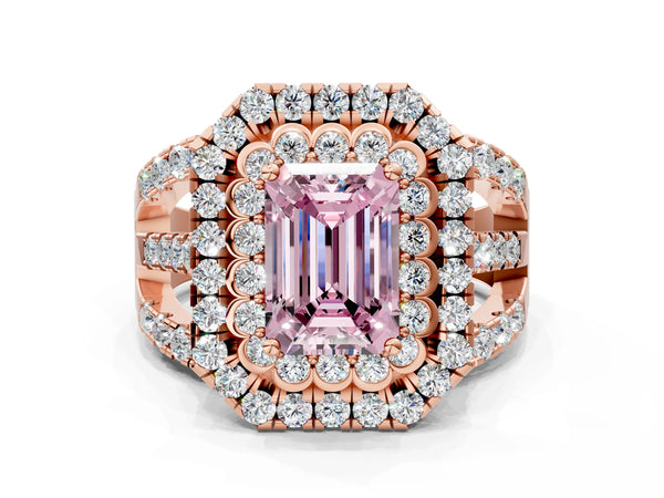 Rose Gold Emerald Cut Scalloped Double Halo Engagement Ring Setting for Fancy Pink Center