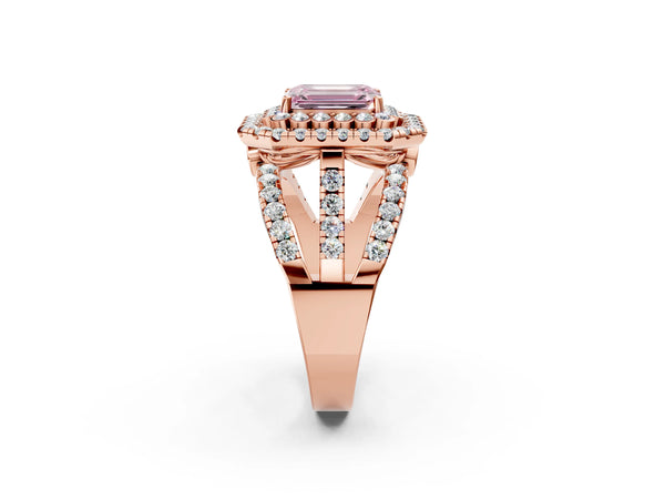 Rose Gold Emerald Cut Scalloped Double Halo Engagement Ring Setting for Fancy Pink Center