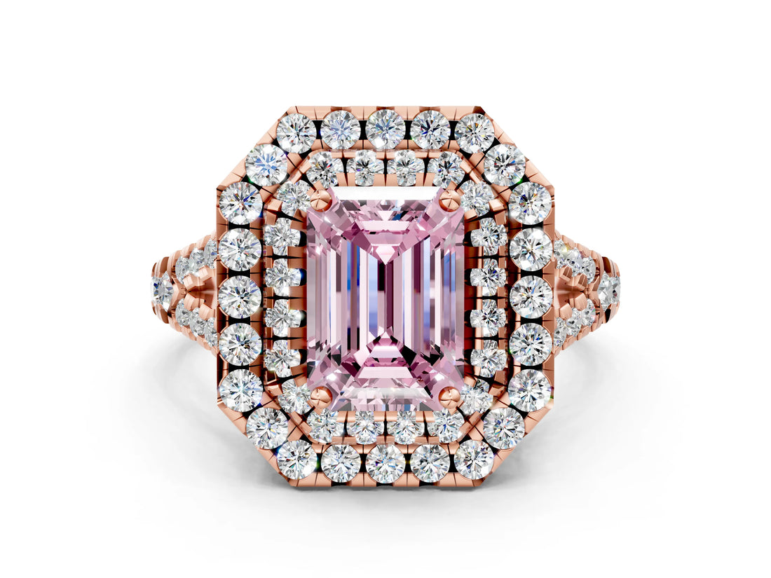 Rose gold Double Halo Fancy Pink Emerald  Cut Pave Split Shank Prong Set Ring_15