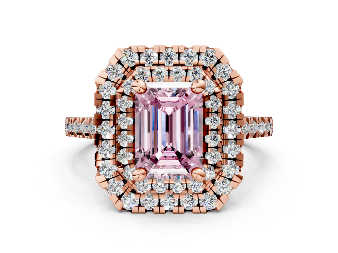 Rose gold Double Halo Fancy Pink Emerald  Diamond Pave Band with Four-Prong Setting_48