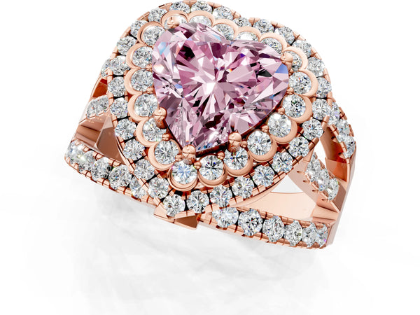 Rose gold Double Halo Fancy Pink Heart Cut Diamond Split Shank Pave Set Ring