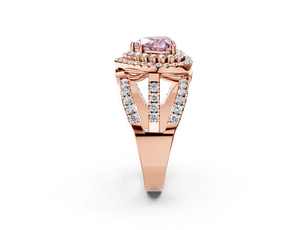 Rose gold Double Halo Fancy Pink Heart Cut Diamond Split Shank Pave Set Ring