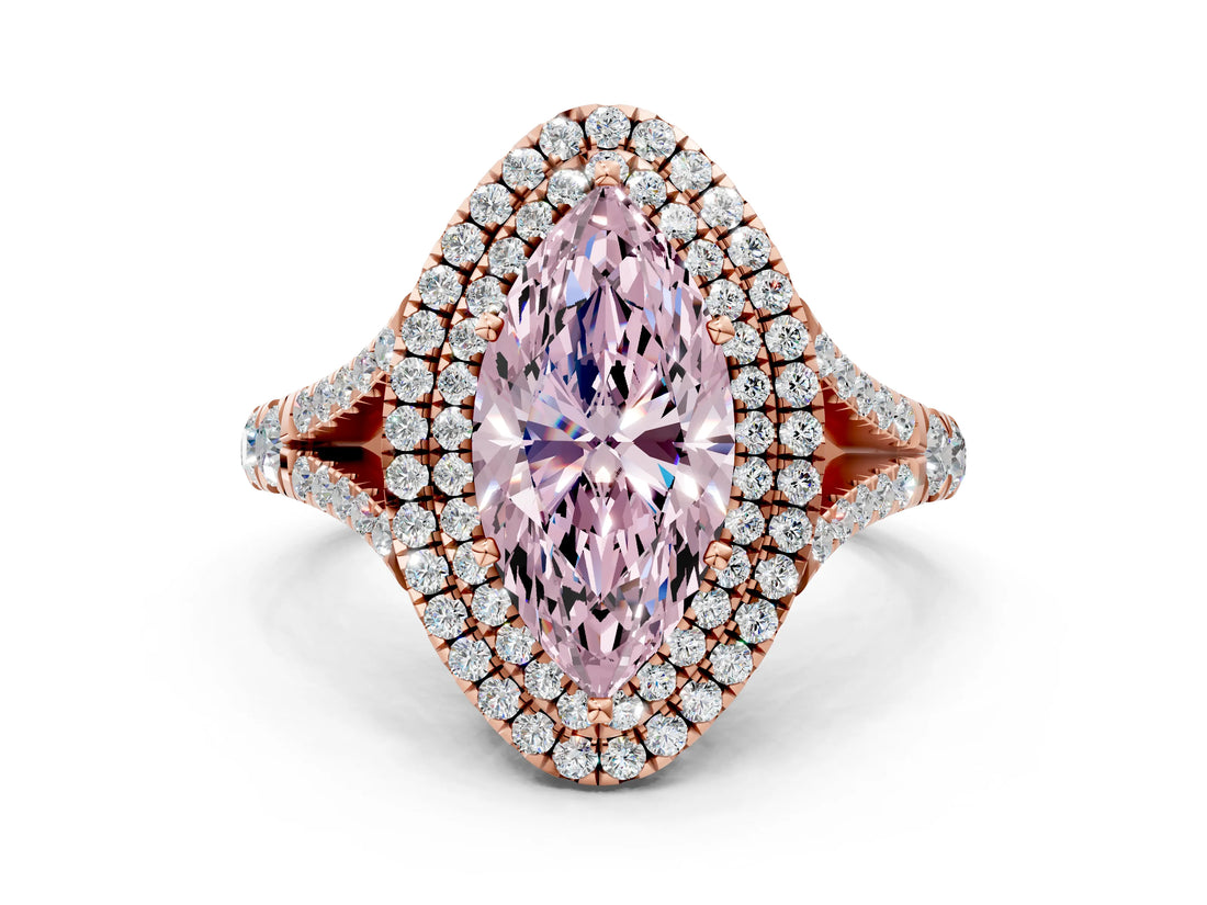 Rose gold Double Halo Fancy Pink Marquise -Shaped Split Shank Diamond Ring with Prong Setting_15