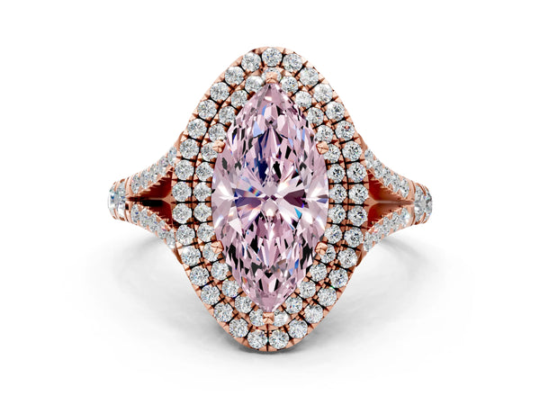 Rose gold Fancy Pink Marquise Cut Diamond Double Halo Ring with Split Shank and Prong Setting