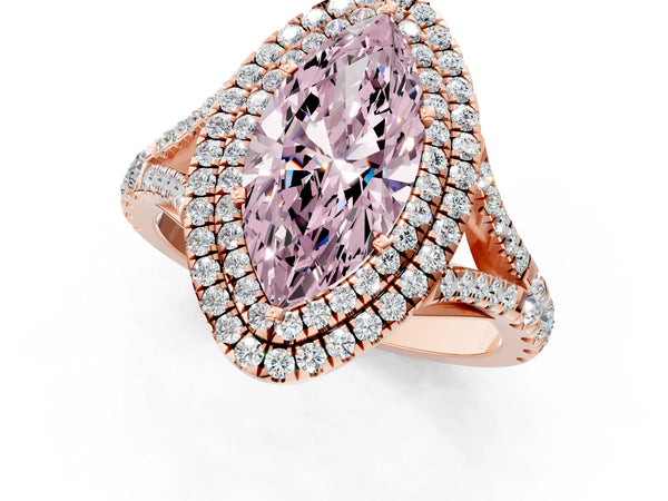 Rose gold Fancy Pink Marquise Cut Diamond Double Halo Ring with Split Shank and Prong Setting
