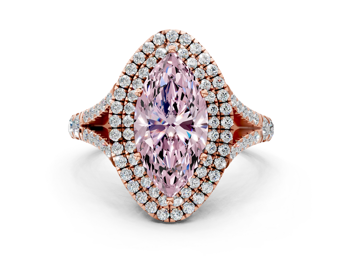 Rose gold Double Halo Fancy Pink Marquise  Cut Diamond Split Shank Ring with Four Prong Setting_17