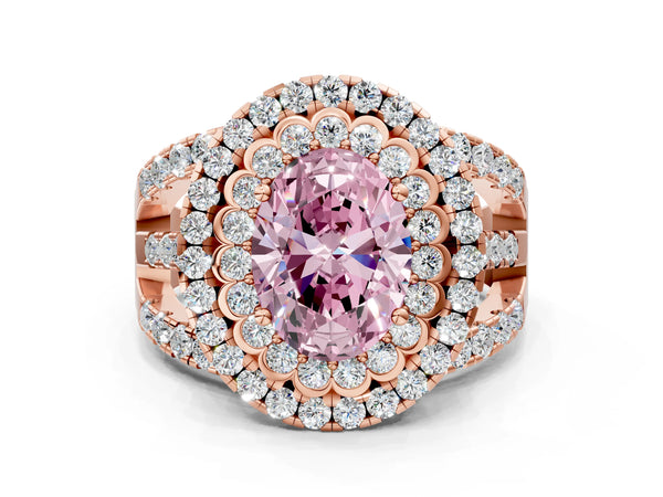 Rose gold Double Halo Fancy Pink Oval Cut Diamond Split Shank Pave Set Ring