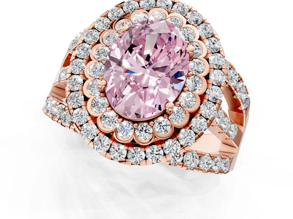 Rose gold Double Halo Fancy Pink Oval Cut Diamond Split Shank Pave Set Ring