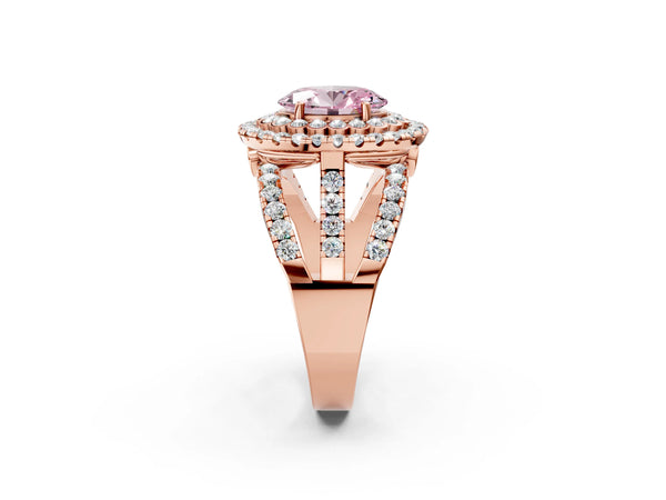 Rose gold Double Halo Fancy Pink Oval Cut Diamond Split Shank Pave Set Ring