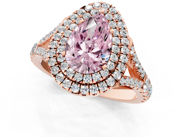 Rose gold Fancy Pink Pear Cut Diamond Double Halo Ring with Split Shank and Prong Setting