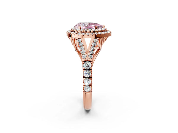 Rose gold Fancy Pink Pear Cut Diamond Double Halo Ring with Split Shank and Prong Setting