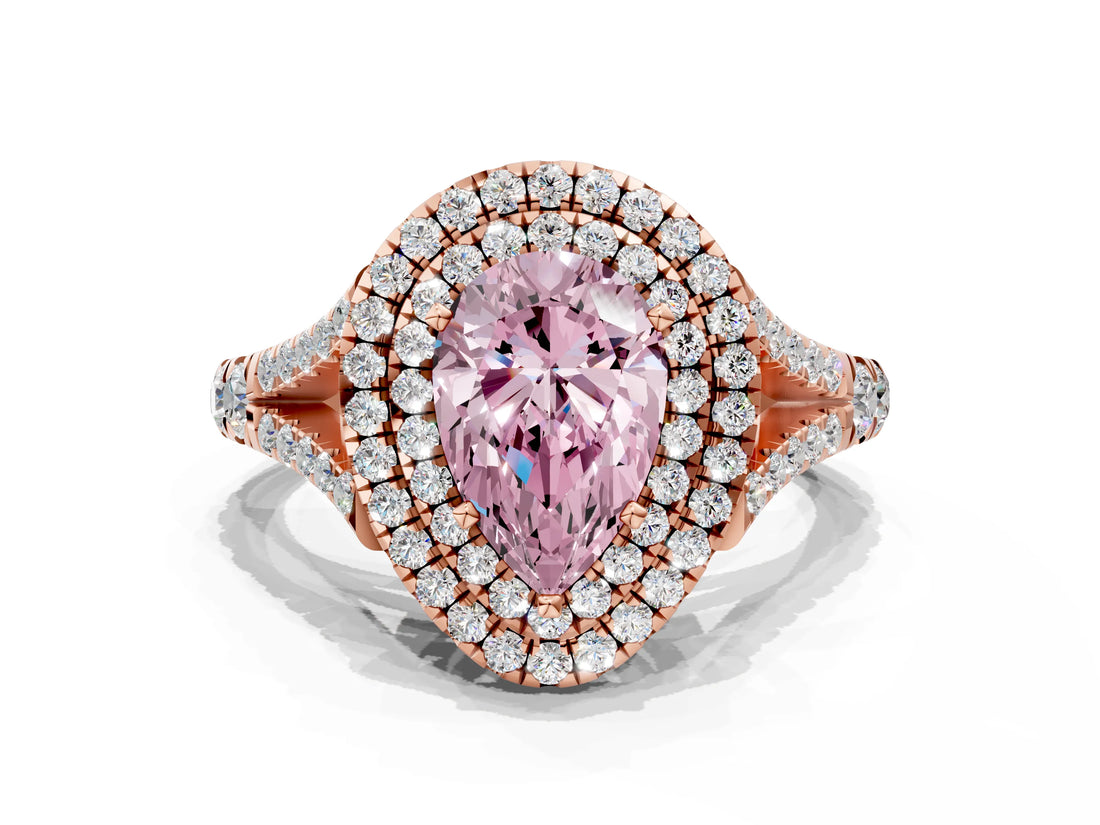 Rose gold Double Halo Fancy Pink Pear Cut Diamond Split Shank Engagement Ring with Four-Prong Setting_3