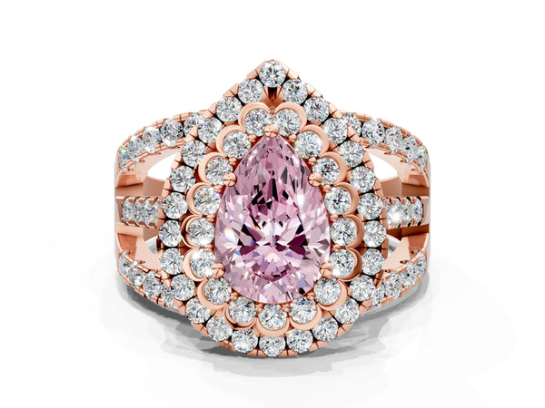 Rose gold Double Halo Fancy Pink Pear Cut Diamond Split Shank Pave Set Ring