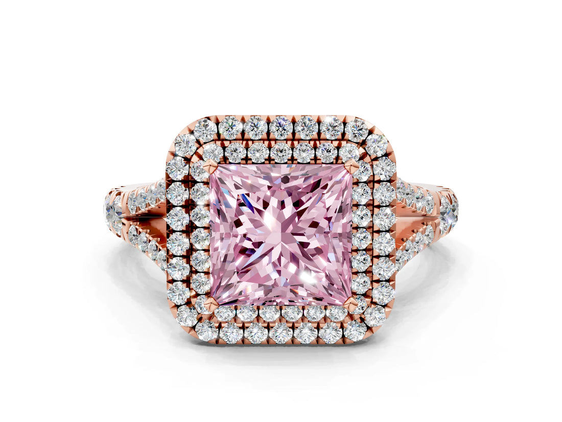Rose gold Double Halo Fancy Pink Princess -Shaped Split Shank Diamond Ring with Prong Setting_15