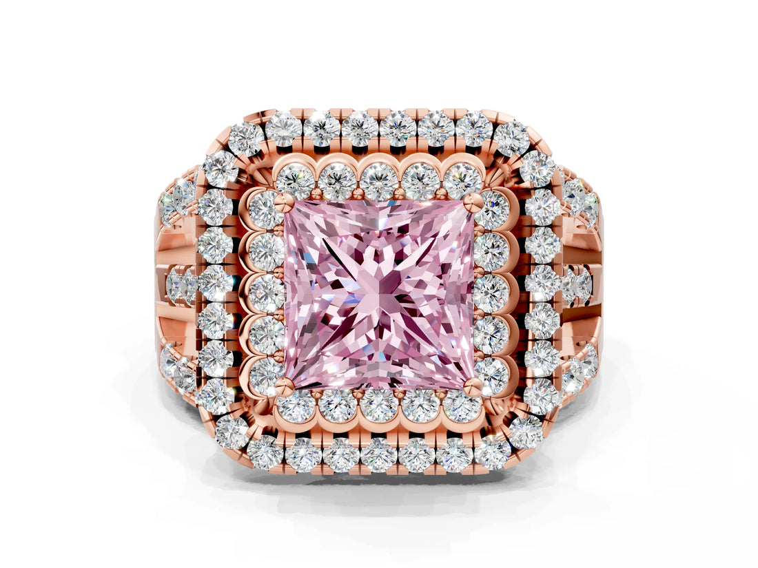 Rose gold Double Halo Fancy Pink Princess Cut Diamond Split Shank Pave Set Ring_3