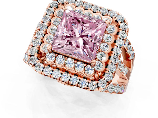 Rose Gold Princess Cut Scalloped Double Halo Engagement Ring Setting for Fancy Pink Center