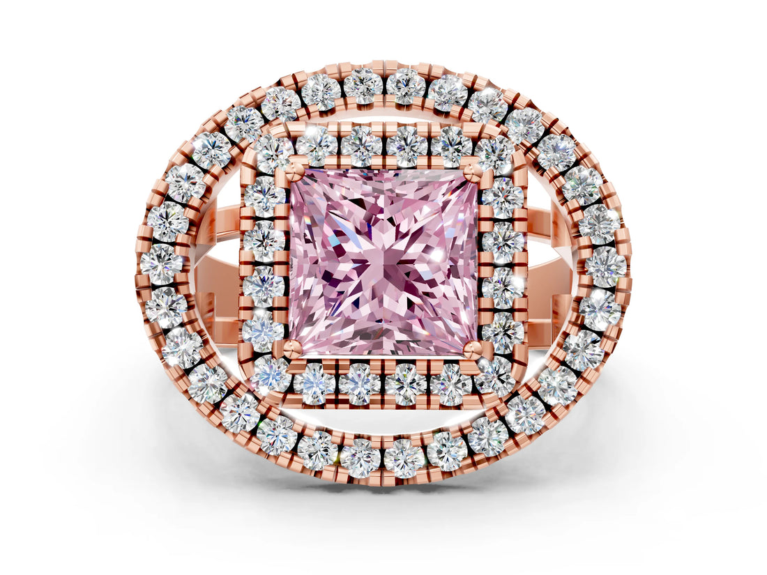 Rose gold Double Halo Fancy Pink Princess Cut Diamond Split Shank Prong Setting Ring